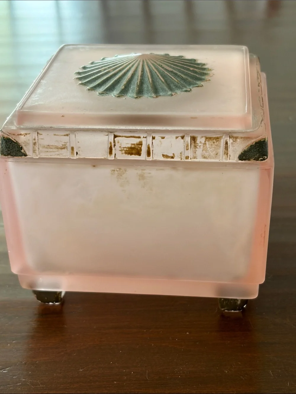 Taussaunt Glass Frosted  Pink Square Vanity Powder Box with Sunburst